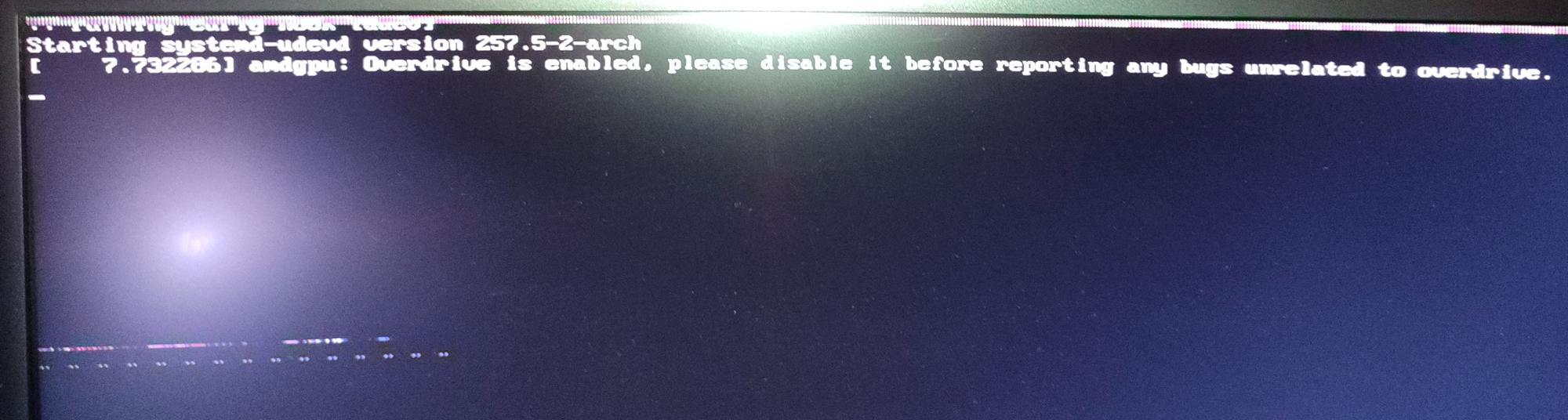 Photo taken of a monitor, with boot messages from Arch Linux, and graphical artifacts