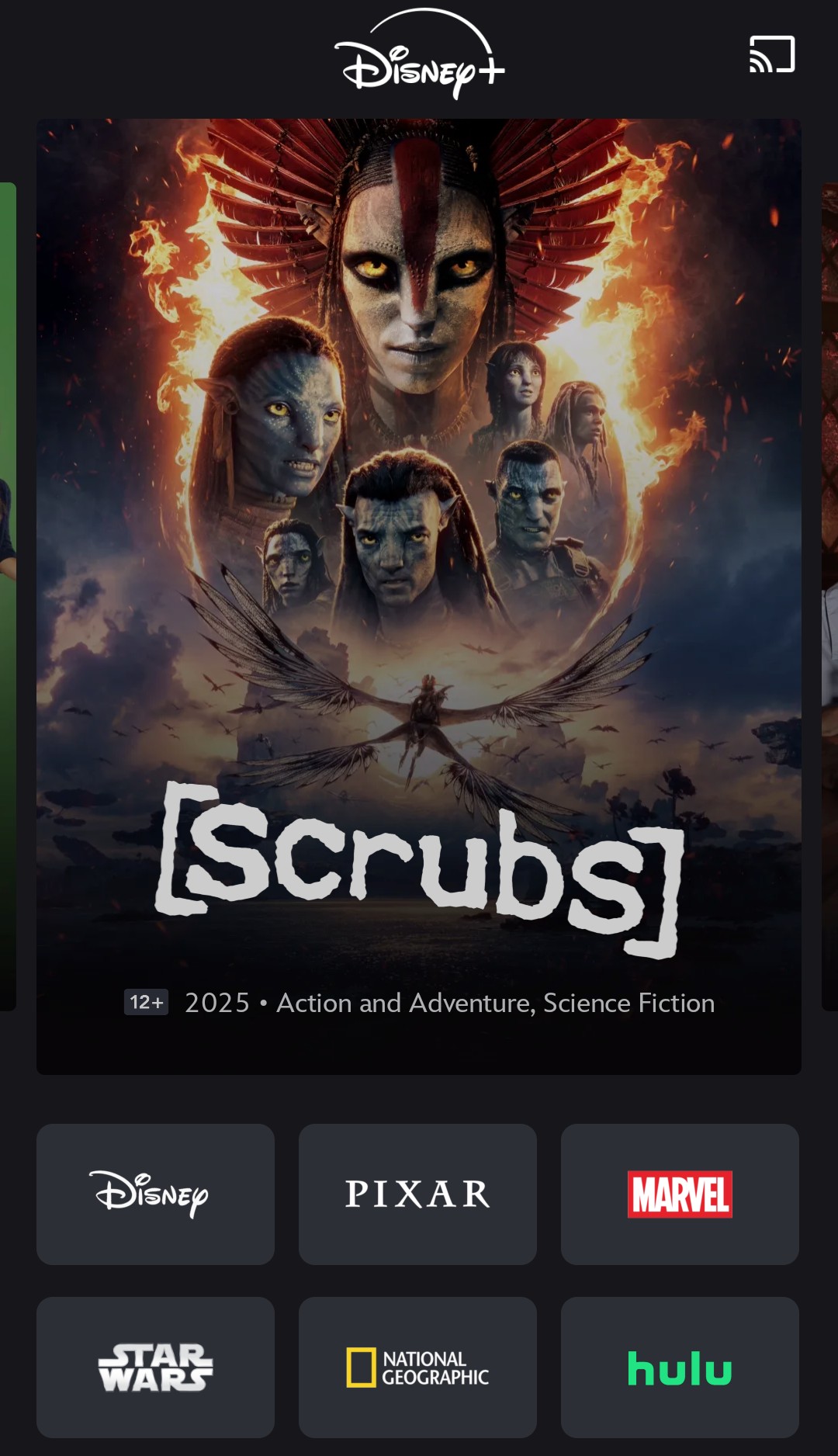Disney+ interface shows a dramatic image of 'Avatar: Fire and Ash' but titles it as 'Scrubs'