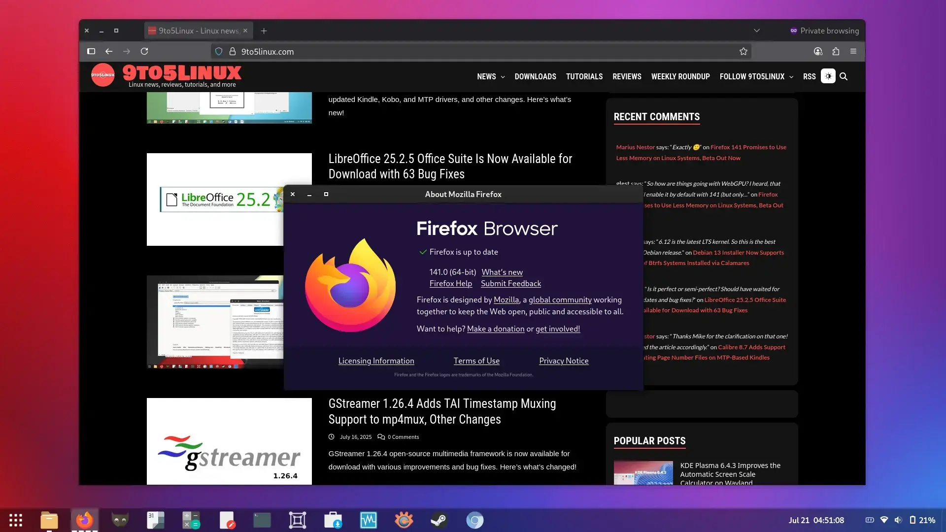 Screenshot of Firefox 141 showing the main window while browsing the 9to5linux.com website and the About Mozilla Firefox dialog.